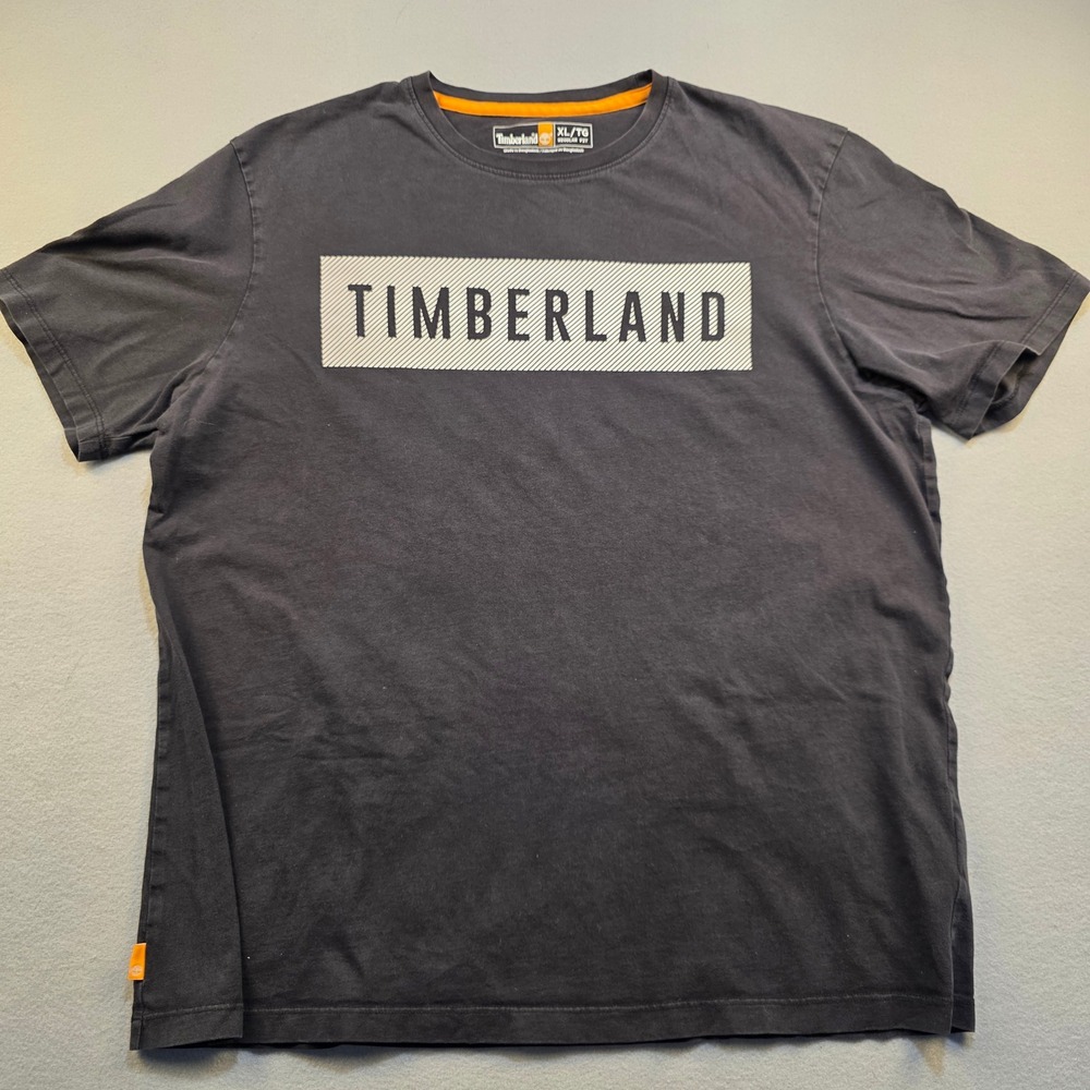 Timberland Mens XL Black Graphic Box Logo Short Sleeve Shirt Regular Fit Cotton